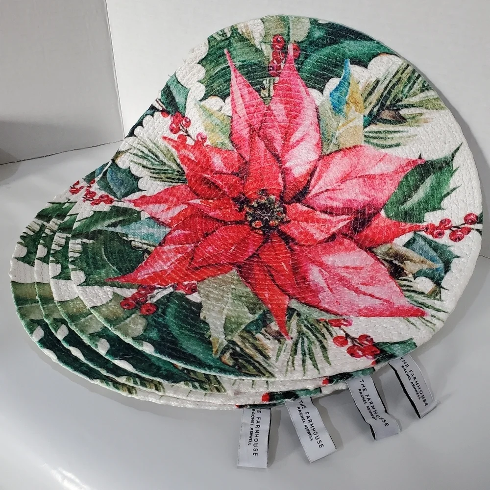 Rachel Ashwell Farmhouse Placemats Poinsettia 100% Cotton Set Of 4  Christmas